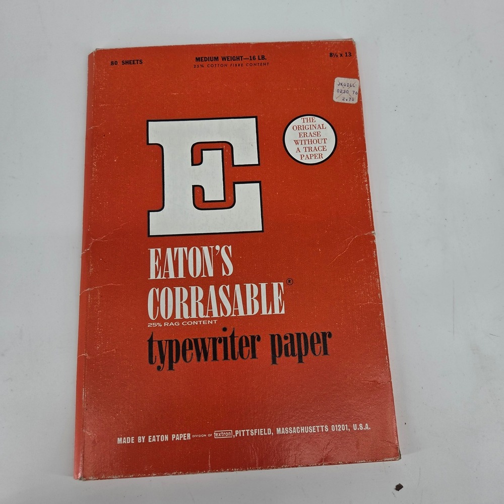 Vintage Eatons Corrasable Typewriter Paper 8.5x13 16lb 25% Cotton 35 Sheets USA